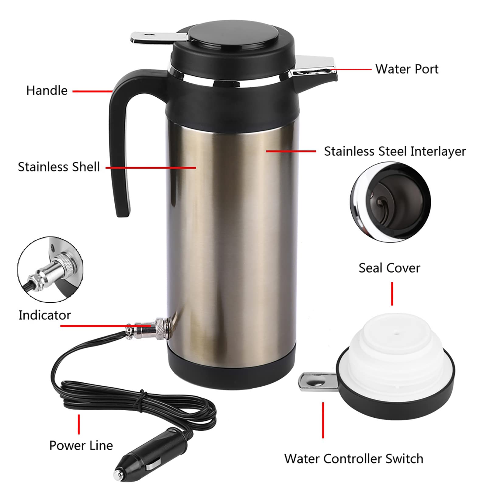 Hervidor eléctrico para coche, 1000 ml, 12 V, botella de agua calefactora de acero inoxidable, termos de viaje portátiles con enchufe para encendedor de cigarrillos para agua (12V)