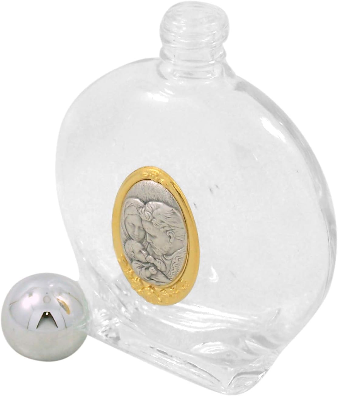 STONEMUSLE Glass Holy Water Bottle with Silver-Toned Cap and Two-Toned Depiction of The Holy Family, 4 floz-L8