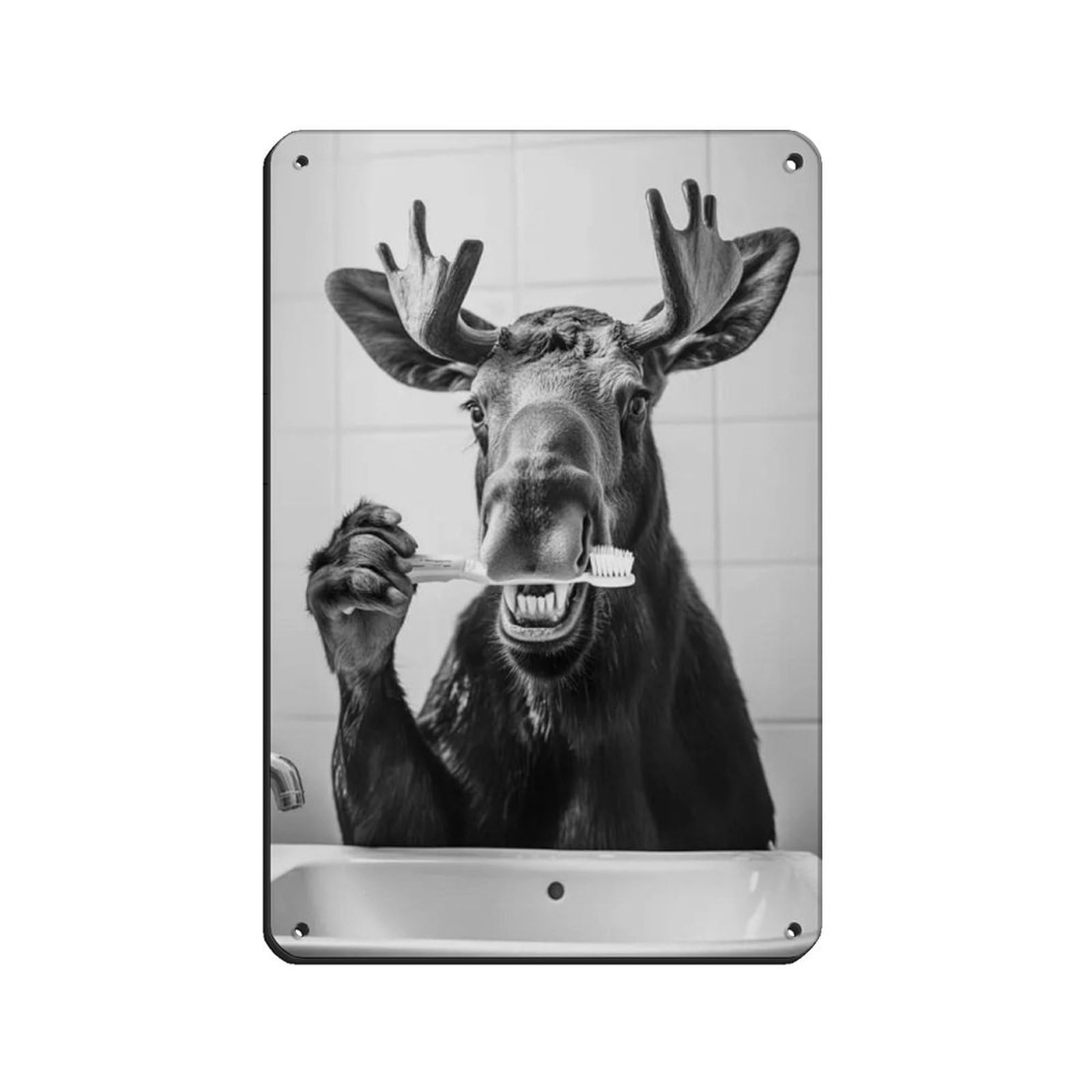 Lxwnze 20L X 30W Cm Moose Brushing Teeth, Funny Bathroom Art Tin Sign Vintage Metal Pub Club Cafe Bar Home Wall Art Decoration Poster Retro 8X12inch(20X30cm)