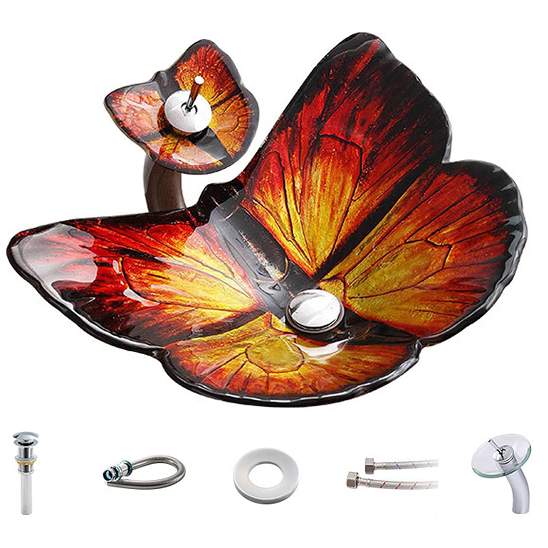 Amazon.co.jp: バスルームの容器のシンクセット赤い蝶の形をした強化