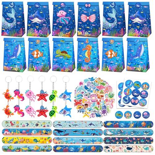 Eymobad 86 peças conjunto de presentes para festas infantis de animais marinhos, com porta-chaves, malas de presente, pulseiras, autocolantes, tema mar detalhes aniversários para crianças
