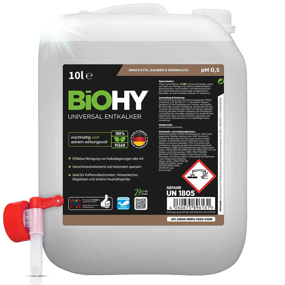 BiOHY Descalcificador universal (Bidón de 10 litros) + Grifo de Salida | Universeel concentraat voor alle huishoudelijke apparaten | Compatibel met alle koffiemachines en espressomachines (Entkalker)