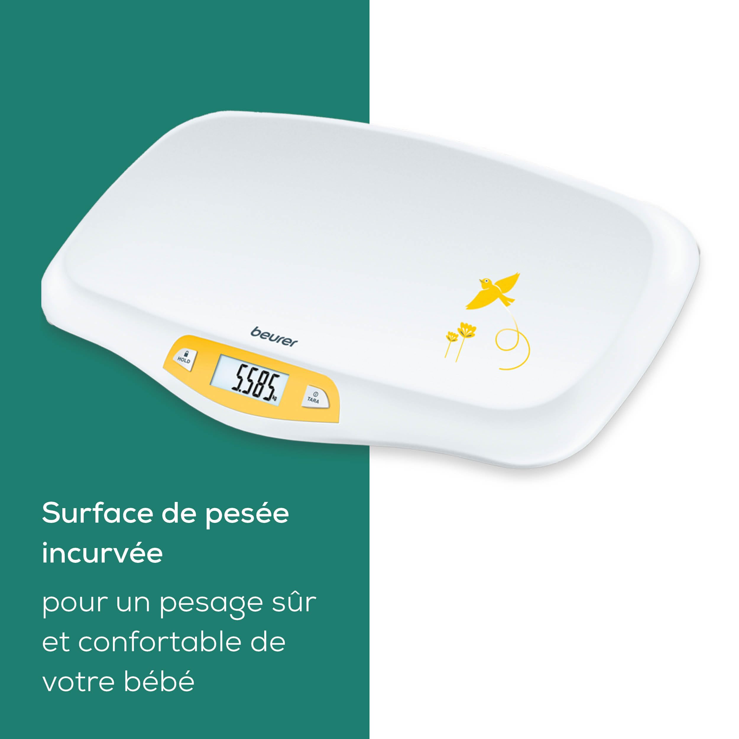 Beurer BY 80 Pèse-bébé avec surface incurvée, capacité de 20 kg, fonction de tare et de maintien pour les bébés qui donnent des coups de pieds, mesure et affichage par graduation de 5g