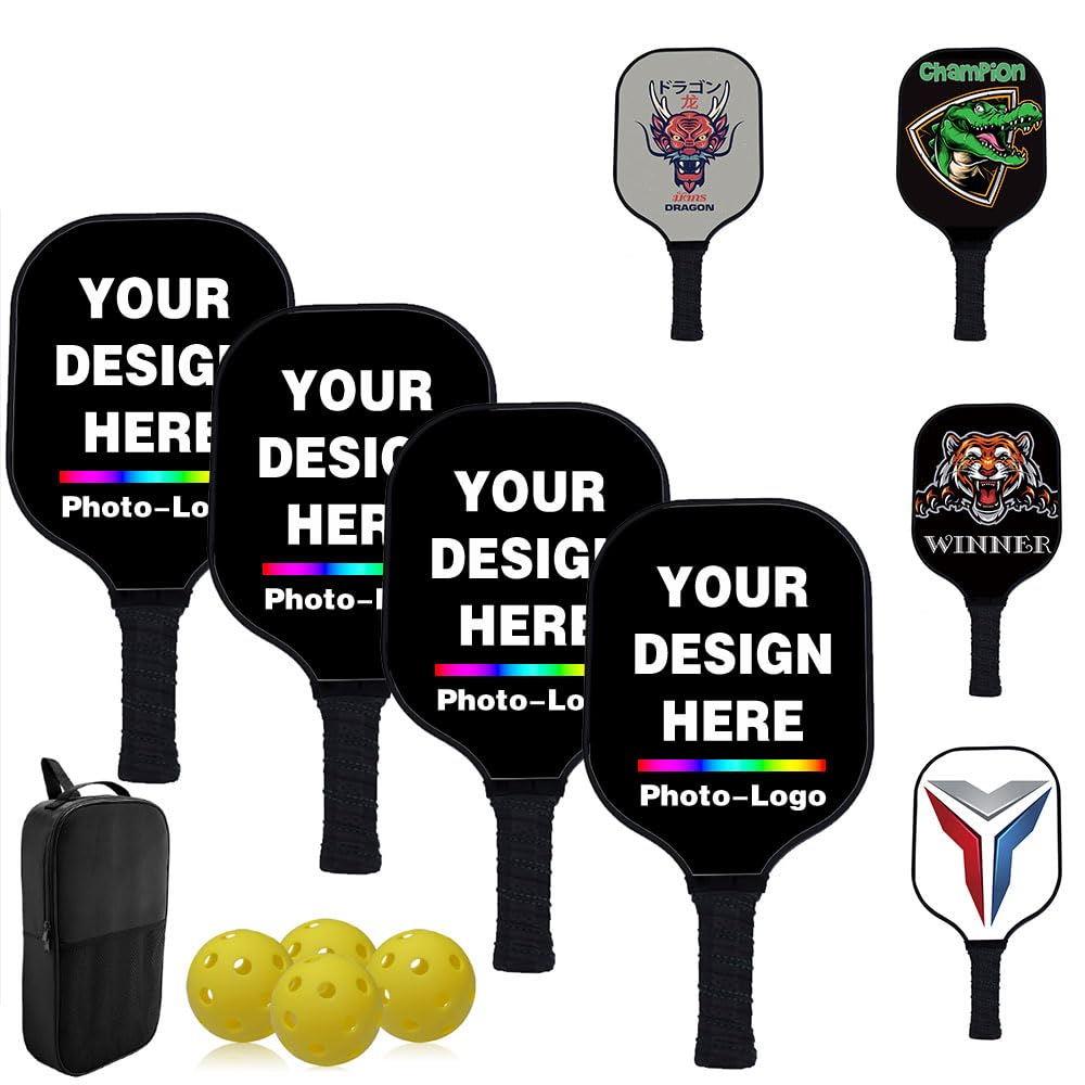 Custom Pickleballs Paddles Set - 4 Paddel 1 Storage Bag and 4 Balls - Great Rackets Gift for Beginner - 40 Color