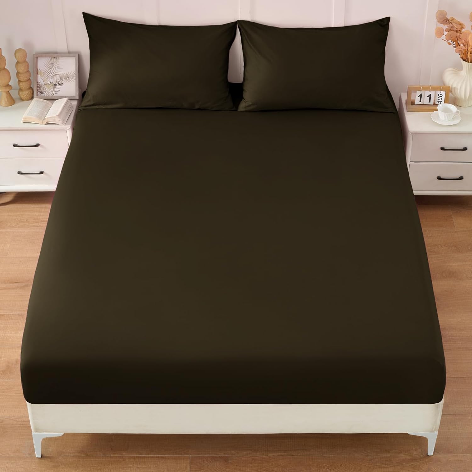 Homiest 3PCS Pure Cotton Fitted Sheet & Pillowcase Set, King Size, 400 Thread Count, Soft & Breathable, 15 Inch Deep Pocket, Luxury 5-Star Hotel Quality Cotton Sheets, Chocolate Brown
