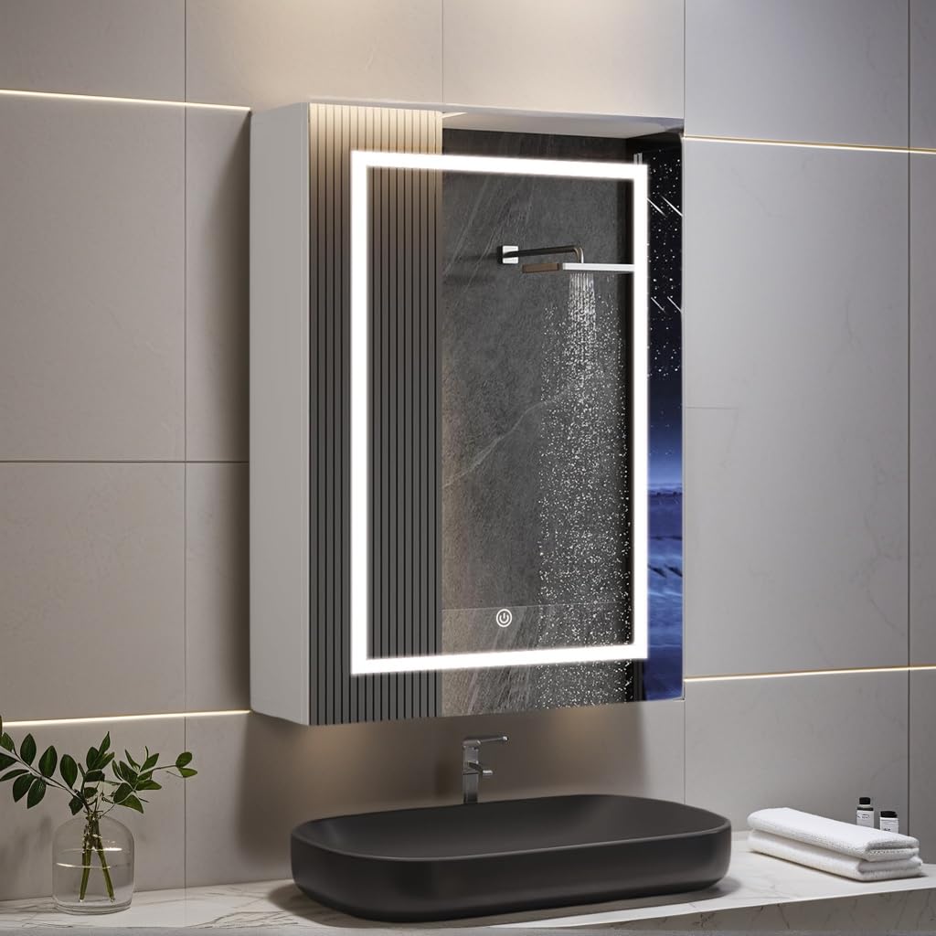 Armadietto da bagno con specchio illuminato a LED, doppia anta, 50 x 15 x 70 cm, ripiani regolabili in vetro, controllo della temperatura del colore, design elegante e funzionale
