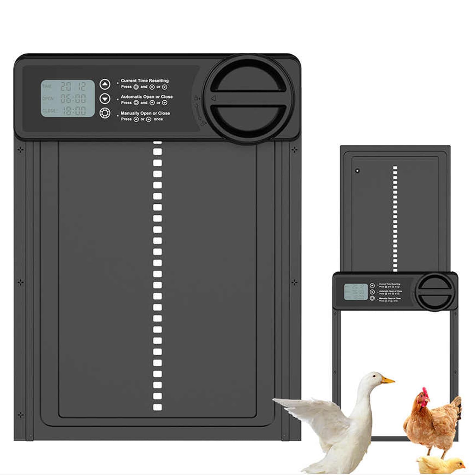 Puerta automática de gallinero con temporizador, control manual, seguridad antipellizcos y pantalla LCD grande