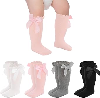 6/8 Pairs Baby Girl Knee High Socks with Bow 0-12 Months