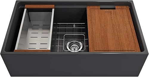 Miniatura 9 de BOCCHI Contempo - Delantal para estación de trabajo, con borde delantero, arcilla refractaria de 33 pulgadas, fregadero de cocina de un solo tazón