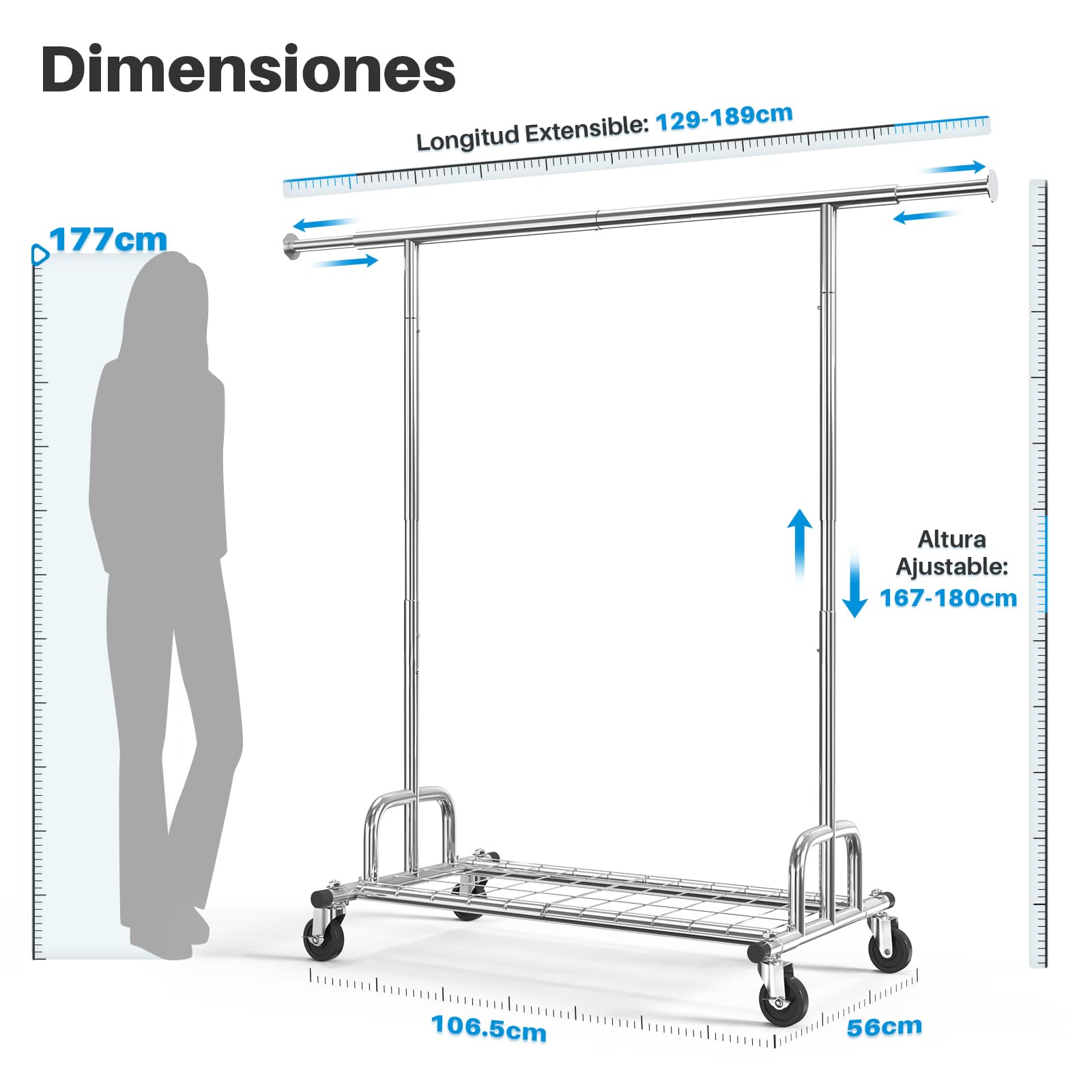 HOKEEPER Burro de Ropa Resistente 238kg, Barra Extensible con Ruedas Bloqueables y Estante, Ahorra Espacio para Dormitorio, Apartamento, Lavandería, Plateado
