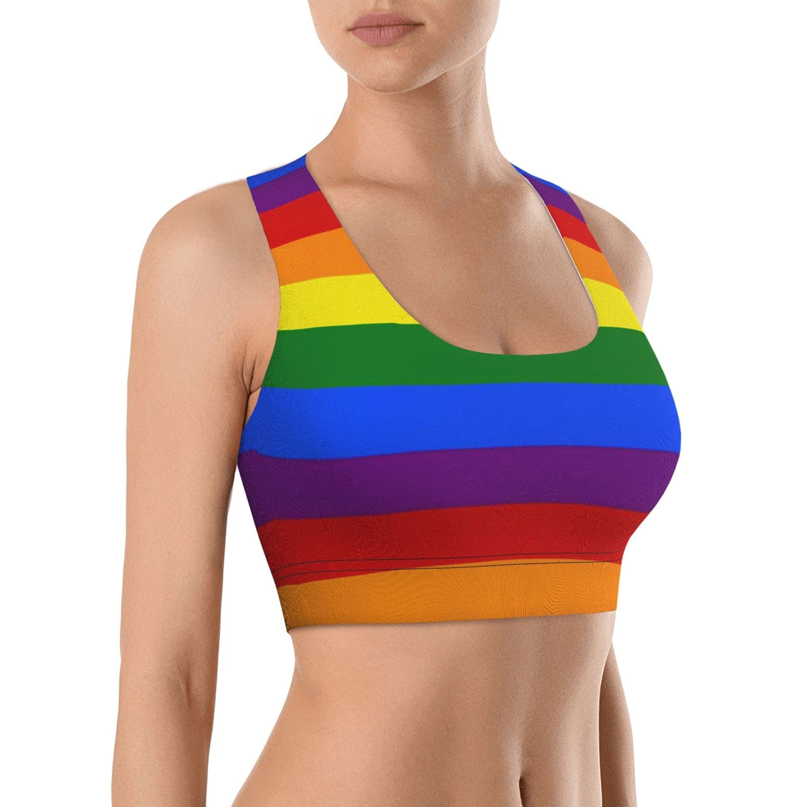 Seamless Comfortable Sports Bras for Women Longline Padded Bra Yoga Crop Tank Tops Fitness Workout Running Top, Rainbow Flag Colors, L