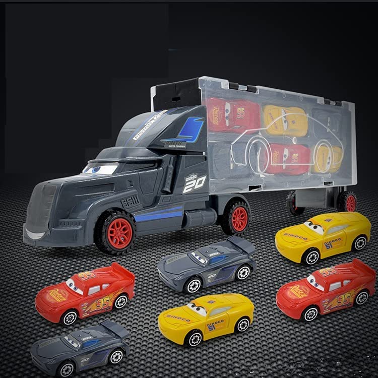 Image of Transport Trucks for Kids - 7 in 1 Big Unbreakable Carrier Transport Truck with Slots for 6 Alloy Metal Car Playset for Kids, Vehicle Learning Gift Toys for Toddlers