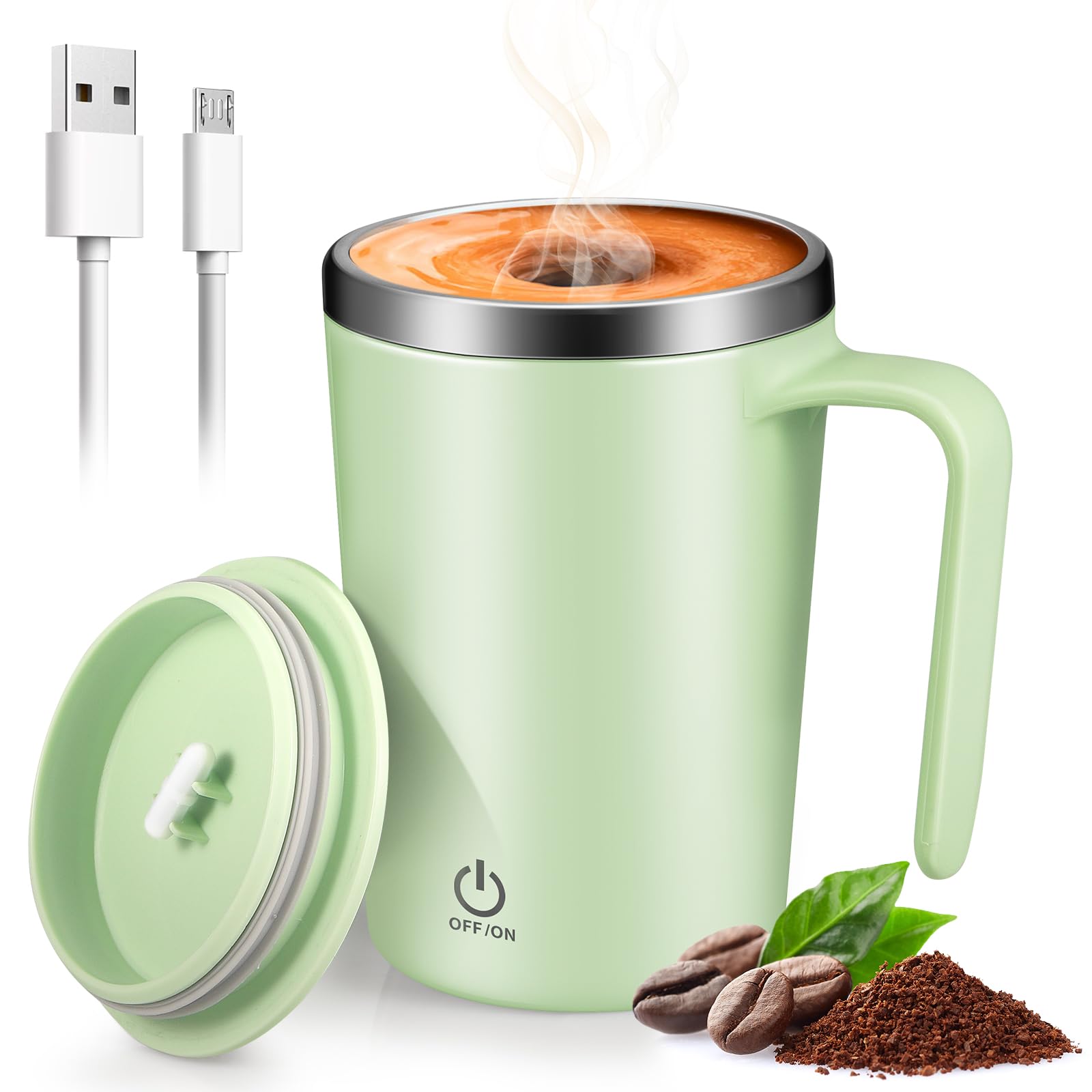Magnetic Self Stirring Coffee Mug Rechargeable Automatic Magnetic Coffee Mug, Portable Self Stirring Travel Mug Stainless Steel Mixing Cup for Coffee Milk Cocoa for School, Office, GREEN