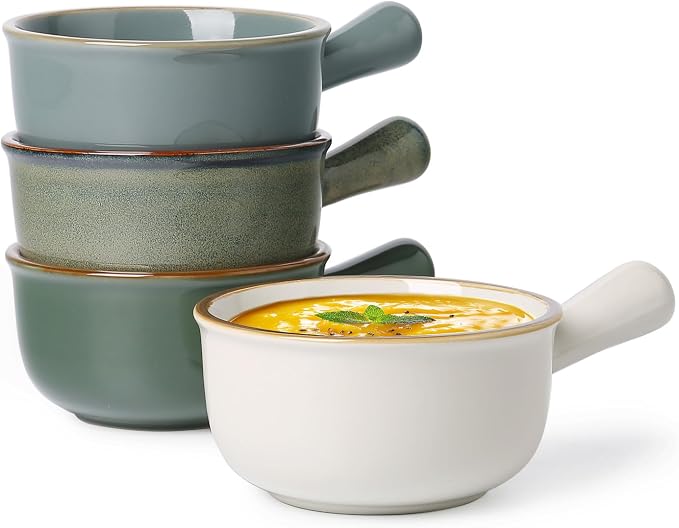 MONITO 16 Oz French Onion Soup Crocks, Stackable Ceramic Bowls with Handles, Oven/Microwave/Dishwasher Safe, for Cereal, Soups, Casseroles