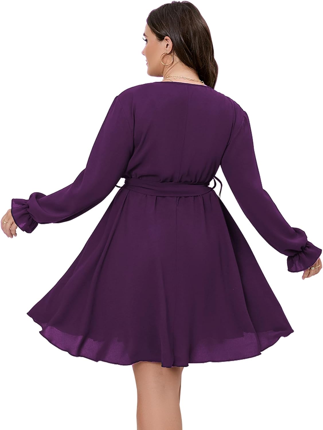 SCOMCHIC Women's Plus Size Long Sleeve Wrap V Neck Tie Waist A Line Mini Dress - Image 4