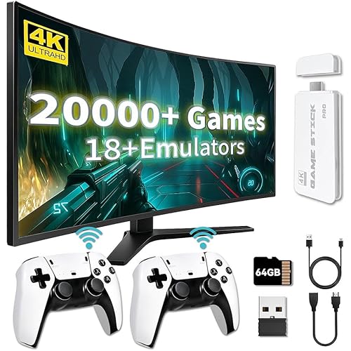 Retro Game Console Stick 2025, 4K HDMI Plug & Play with 20,000+ Classic Games, 64GB Game Stick with 2 Wireless Controllers, Supports 18 Emulators for TV Gaming