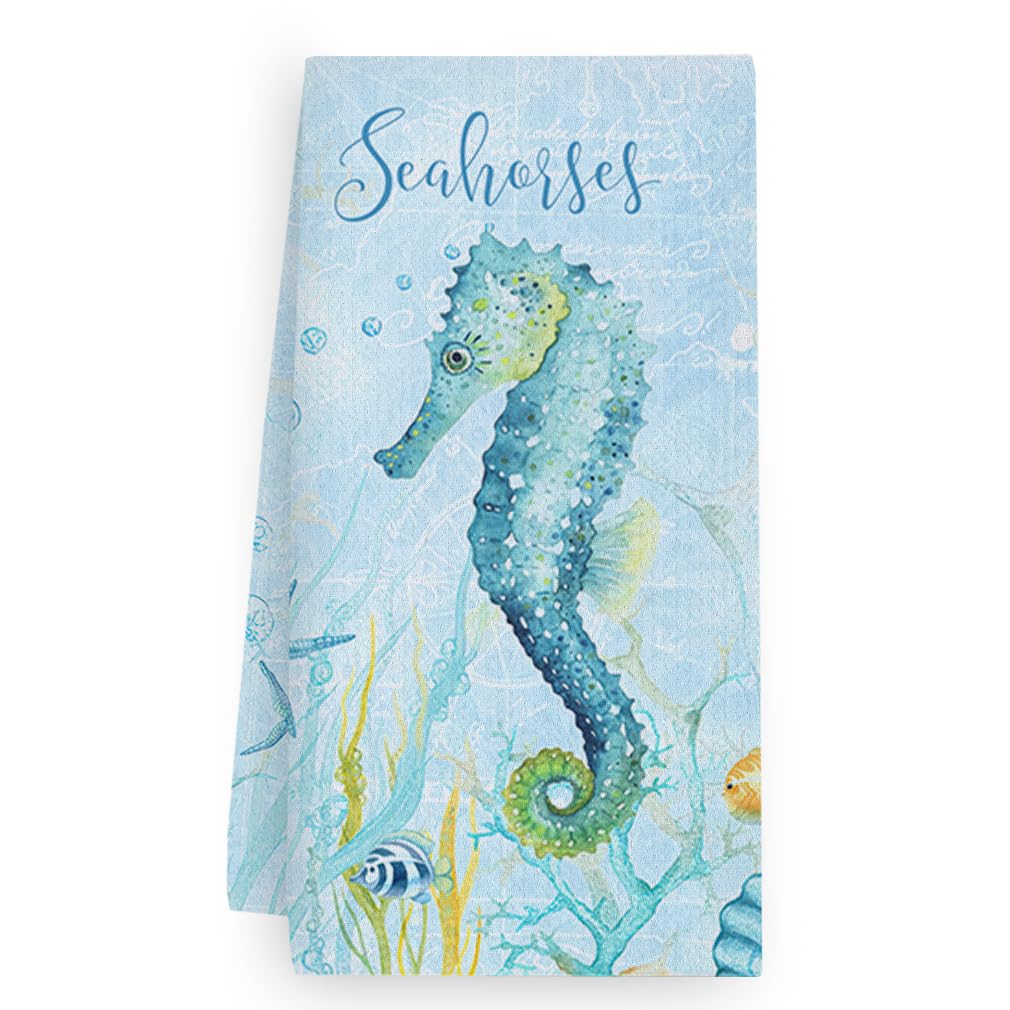 Trapos Cocina Caballito Mar Azul Coral Paños de Cocina Suaves y Absorbentes Paños Cocina Reutilizables Trapos de Cocina para Secar Toallas Lavable Toallas de Barra Juego de 4 (40x60cm)