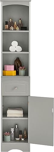 Miniatura 6 de Gabinete de baño alto, gabinete de almacenamiento independiente con cajón, tablero de MDF, estante ajustable, gris
