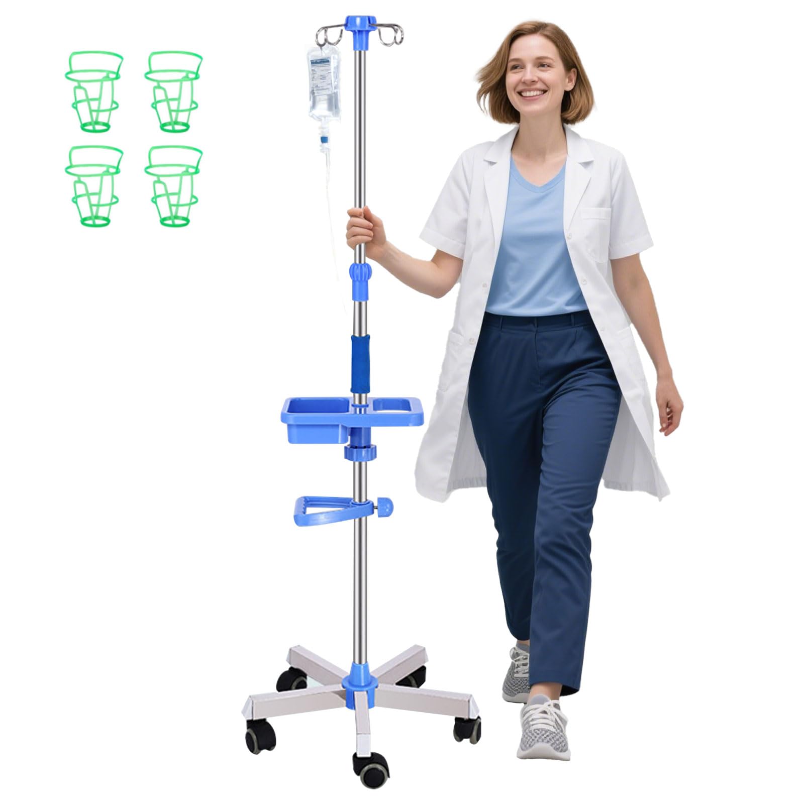 Infusionsständer mit Rollen Edelstahl, Höhenverstellbar 110–200 cm, 5-Rad Basis, 4 Haken für mehrere Patienten, Aufbewahrungsbox mit 4 Netztaschen – Tragbarer IV Ständer