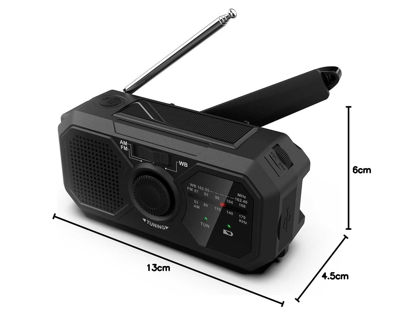 SOLARIS Tragbarer Kurbelradio mit integrierter Taschenlampe, Solarpanel und Handkurbel-Ladefunktion.