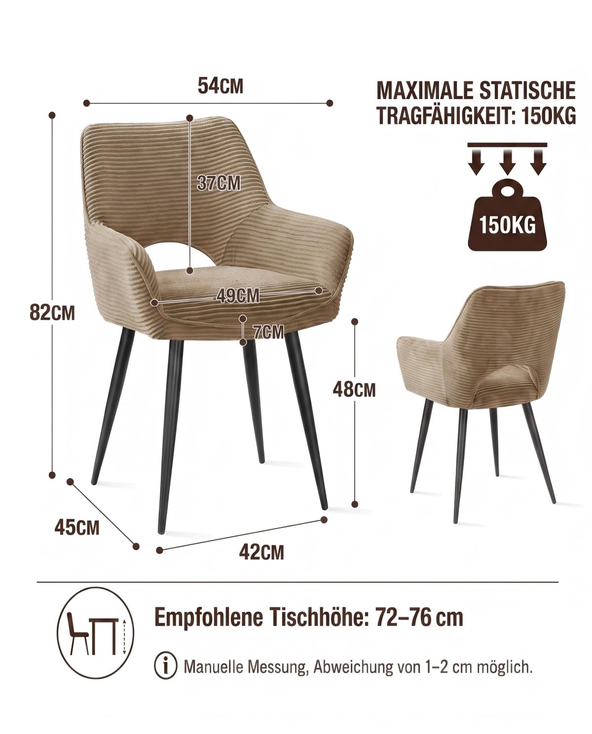 JIJIAN Cord Esszimmerstühle 2er Set mit Armlehnen, Khaki | Stühle Esszimmer, Armlehnstuhl, Wohnzimmer Stühle, Polsterstühle, Ideal für Esszimmer und Küche
