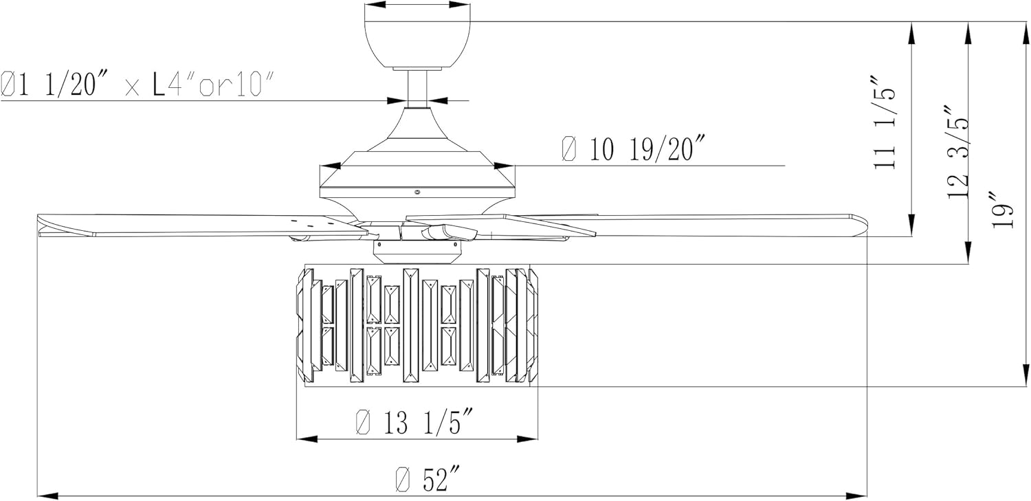 Technical drawing of the Parrot Uncle F6305 ceiling fan with detailed measurements.