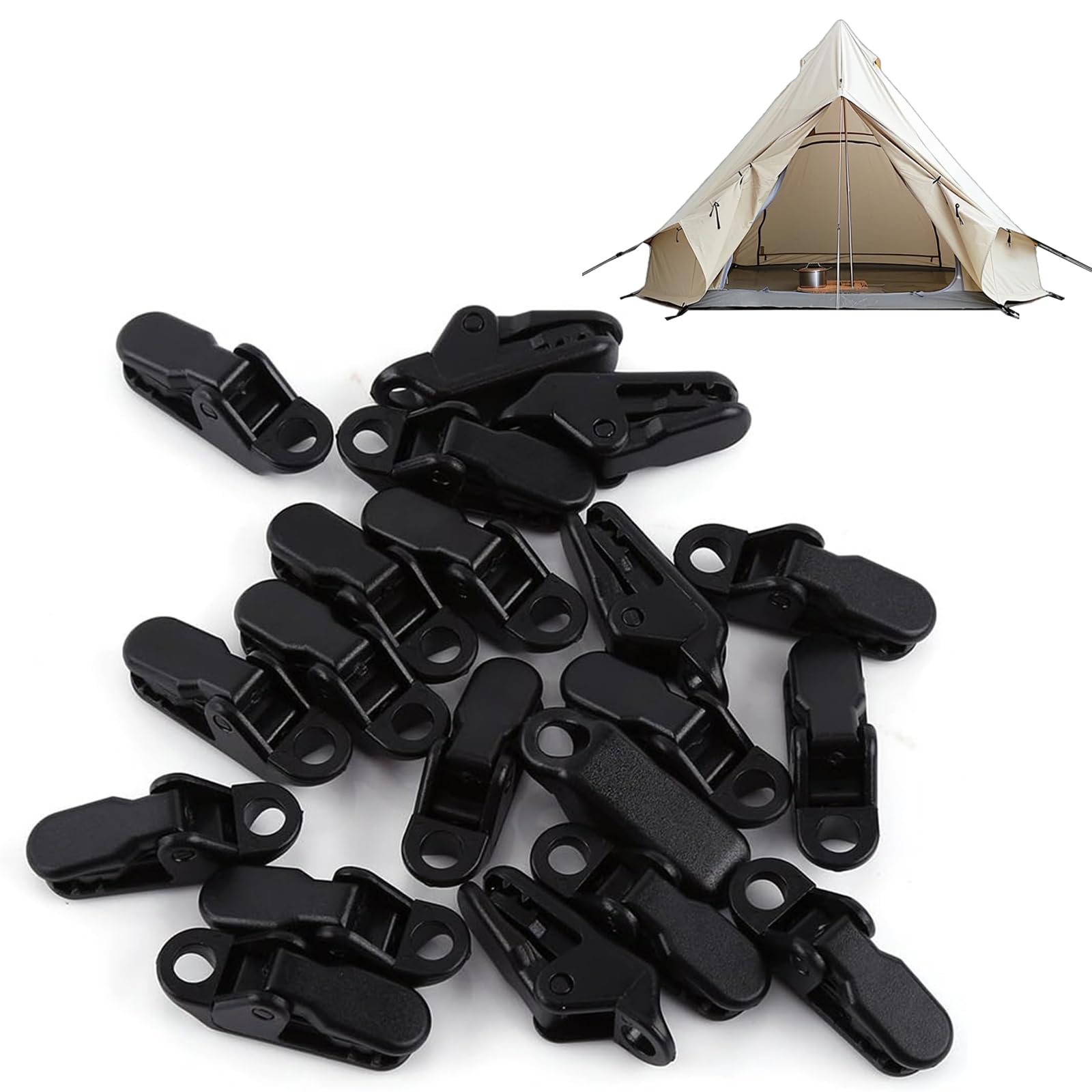 Juego de 20 clips para tienda de campaña, pinzas de cocodrilo negro, resistentes clips de lona para toldos y camping