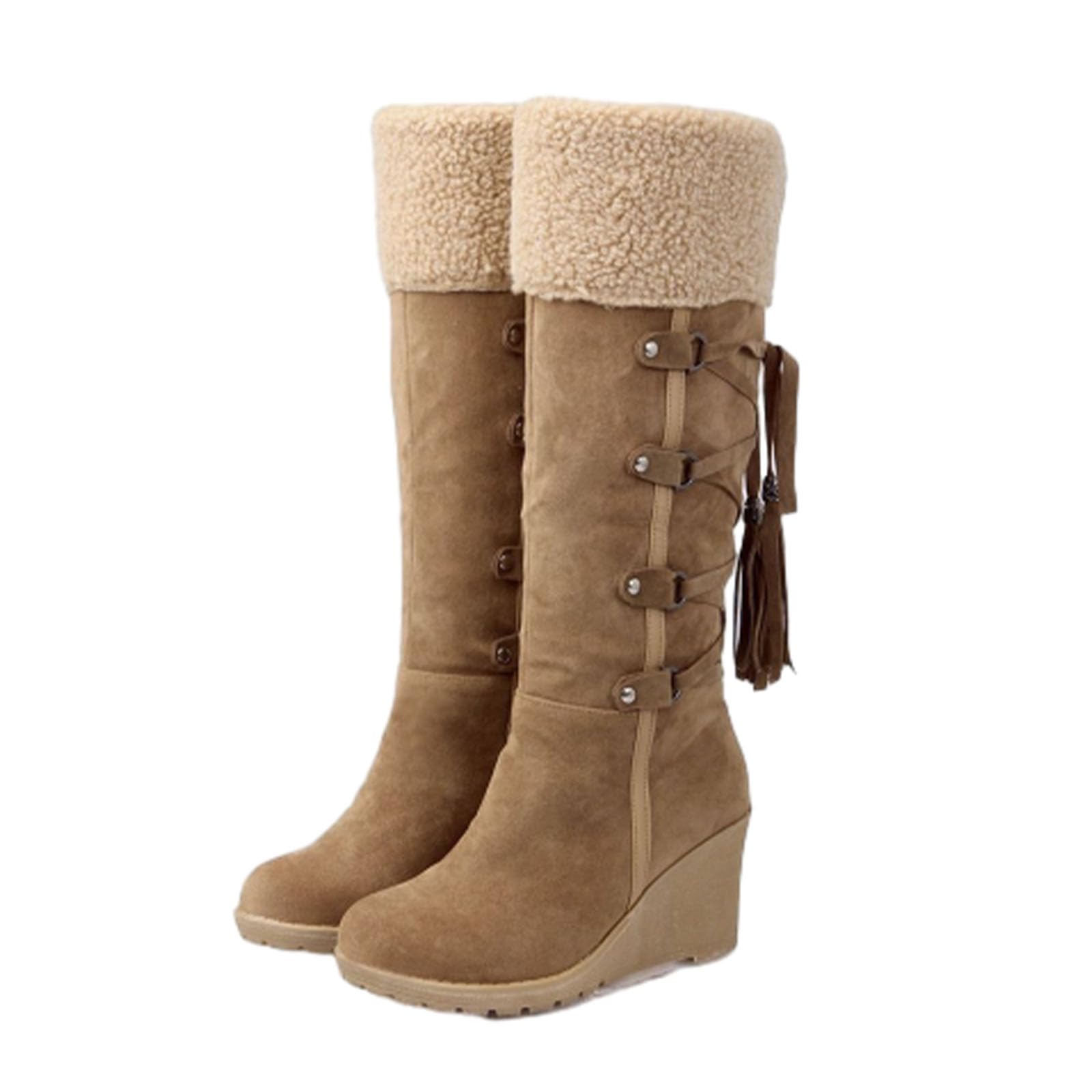 Womens Winter Fuzzy Collar Wedge The Knee Thigh Snow Boots Non-slip Warm Plush Lined Suede Platform Boots