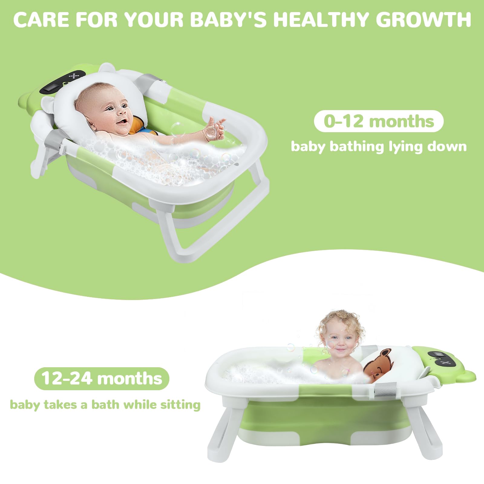 Vaschetta Bagnetto Neonato Pieghevole - Con Cuscino Antiscivolo E Termometro, Portatile