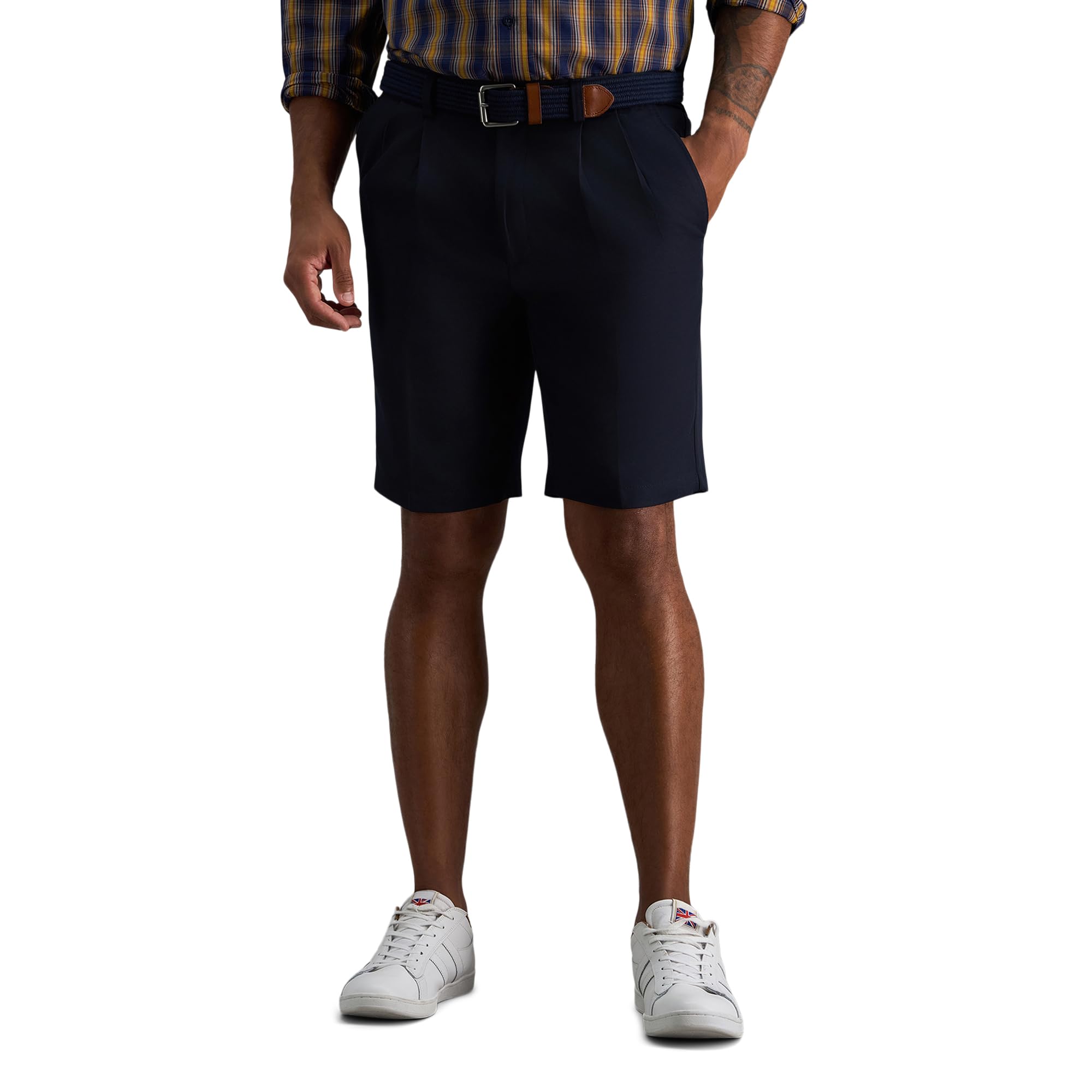 Haggar Men's Cool 18 Pleat Front Hidden Expandable Waist Short-Regular and Big & Tall Sizes, Navy, 42