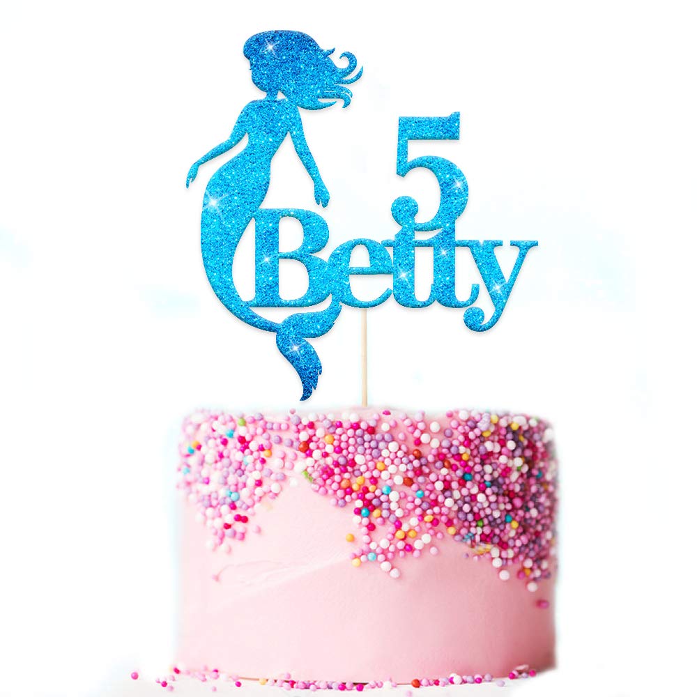 PERSONALISED Girls Birthday Cake Topper - Personalise with ANY NAME and ANY AGE - Made from Non-shed Double Sided Glitter Mermaid Cake Decoration(Blue) — image 1