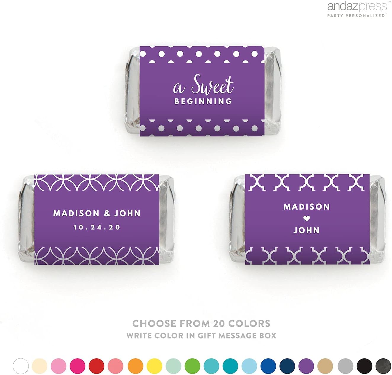 Andaz Press Personalized Chocolate Minis Labels Trio, Fits Chocolate Miniatures Party Favors, Wedding Bride & Groom Names, 36-Pack, Custom Made 20 Colors