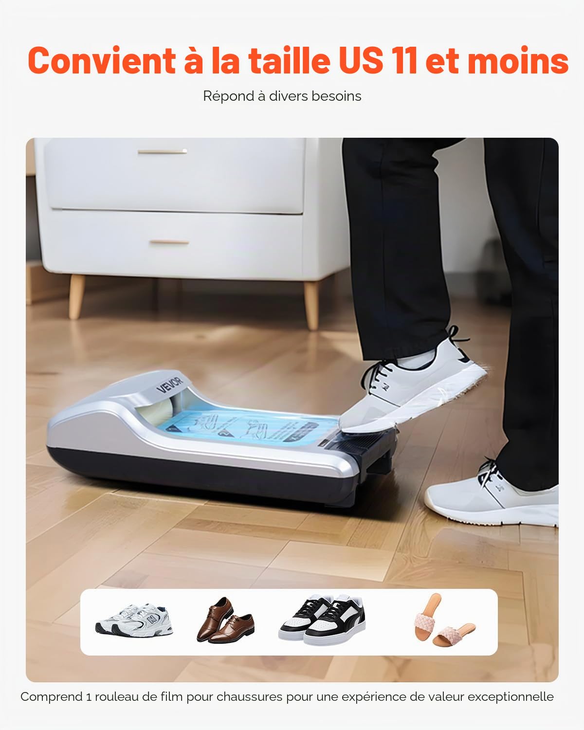VEVOR Distributeur Automatique de Couvre-chaussures, avec 1 Rouleau de 600 Pièces Membranes Jetables Antidérapantes, Pointure Jusqu'à Taille US 11, pour Maison, Bureau, Labo, Usine, Hôpital, Argent