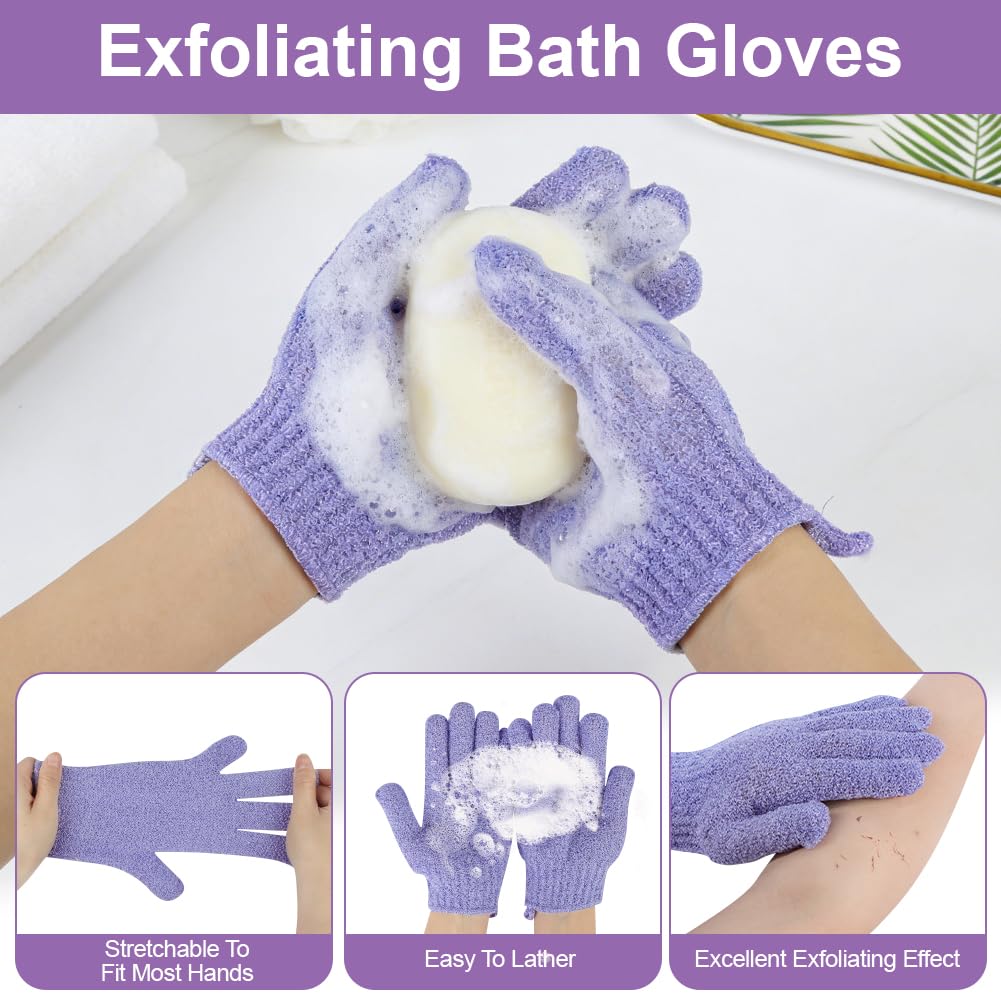 Set Guanto Scrub Corpo, 2 Guanti Esfolianti e 1 Scrubber per la Schiena, Panno Esfoliante Corpo Asciugamani Esfolianti per il Corpo Unisex, Guanti Esfolianti per Esfoliante/Doccia/Spa (Viola) - 4