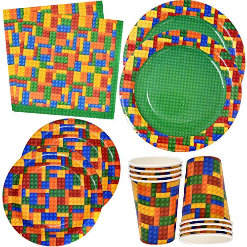 Colorful Building Block Party Supplies Disposable Tableware Set 24 9" Paper Dinner Plates 24 7" Dessert Plates 24 9 Oz Cups 50 Luncheon Napkins For Kids Color Brick Blocks Themed Birthday Decorations #TOP18