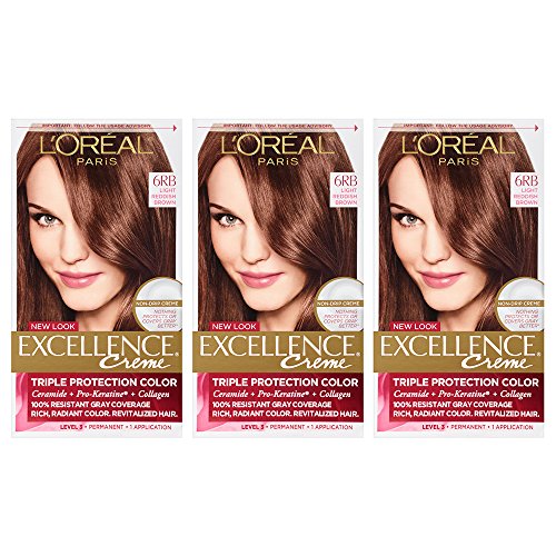 Image of L'Oreal Paris Excellence Creme Permanent Hair Color, 6 Light Red Brown,100 percent Gray Coverage Hair Dye, Pack of 3