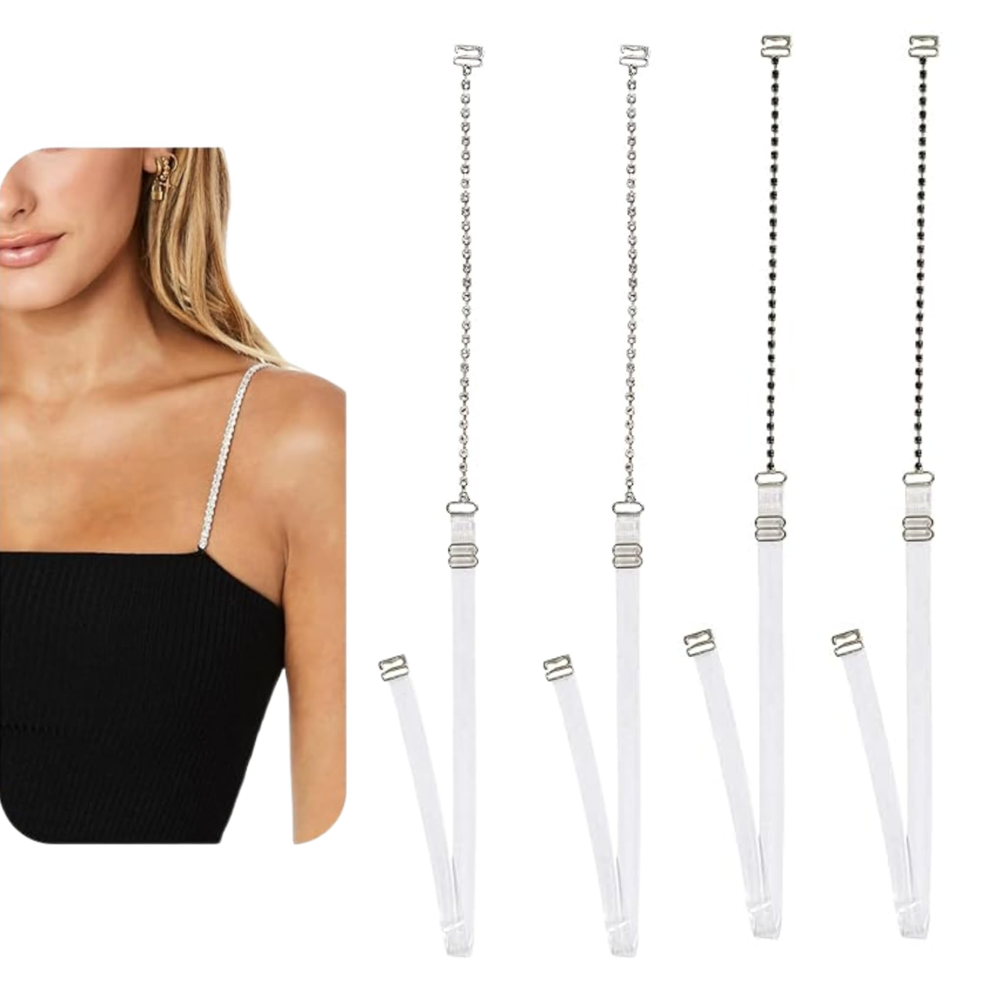 Adjustable Rhinestone Bra Straps – 2 Pairs Black & Clear with Silicone Back | 20 Inch | Invisible, Sparkly, Non-Slip Replacement Straps for Women