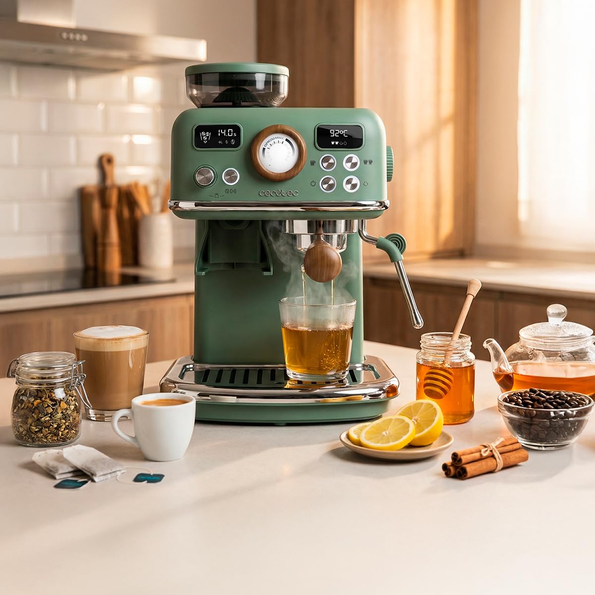 Cecotec Espressomaschine Power Espresso 20 Tradizionale Grind. 1500 W, 20 Bar, PID-Temperatur, Thermoblock, integriertes Mahlwerk, Cold-Brew, Milchschäumer, 1,8 L, Manometer