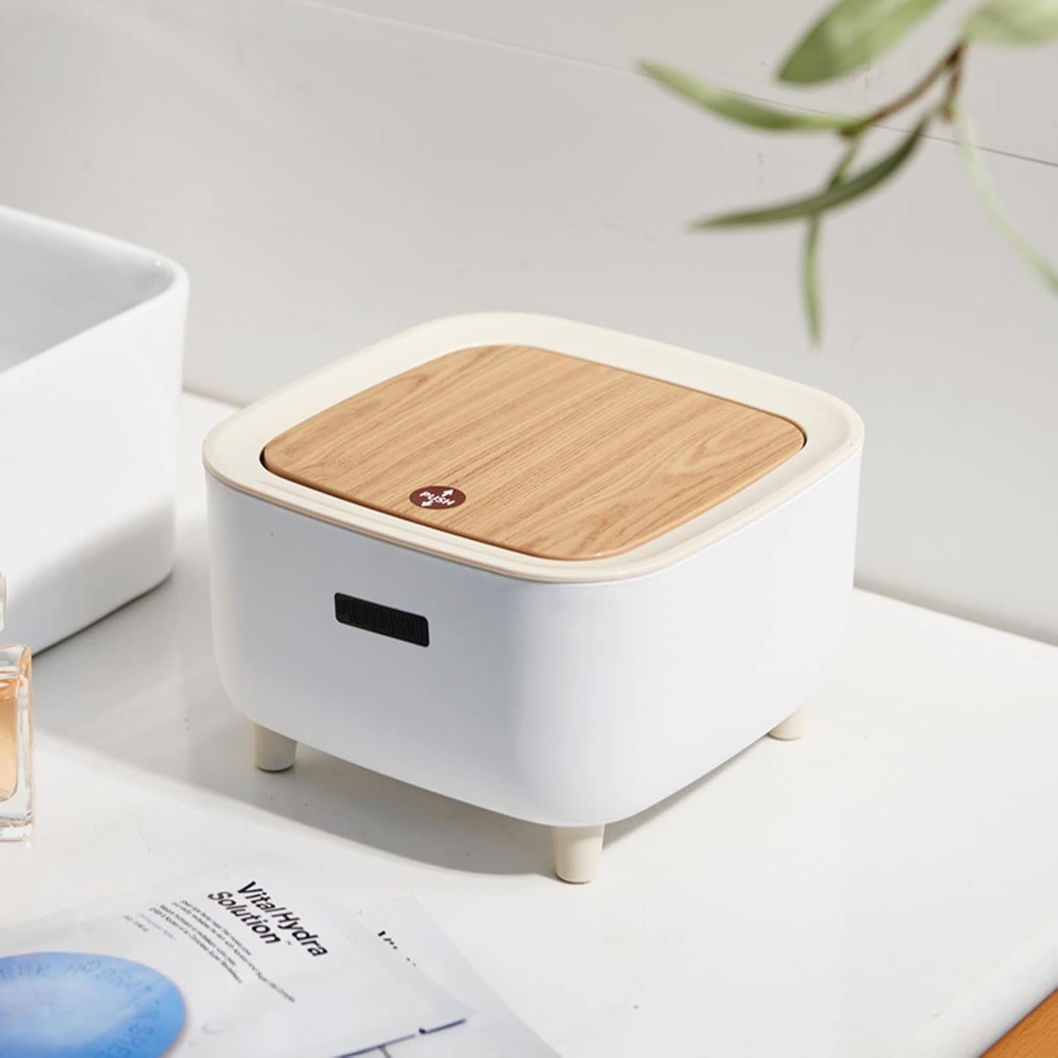 Shopping Mart Mini Desktop Trash Can, Small Tabletop Trash Can with Button Lid, Tabletop Dustbin Can with Wood Look Lid, for Office, Bathroom, Kitchen and Bedroom, Food Storage (1 pcs)(17.3 x 11 cm)-image-9