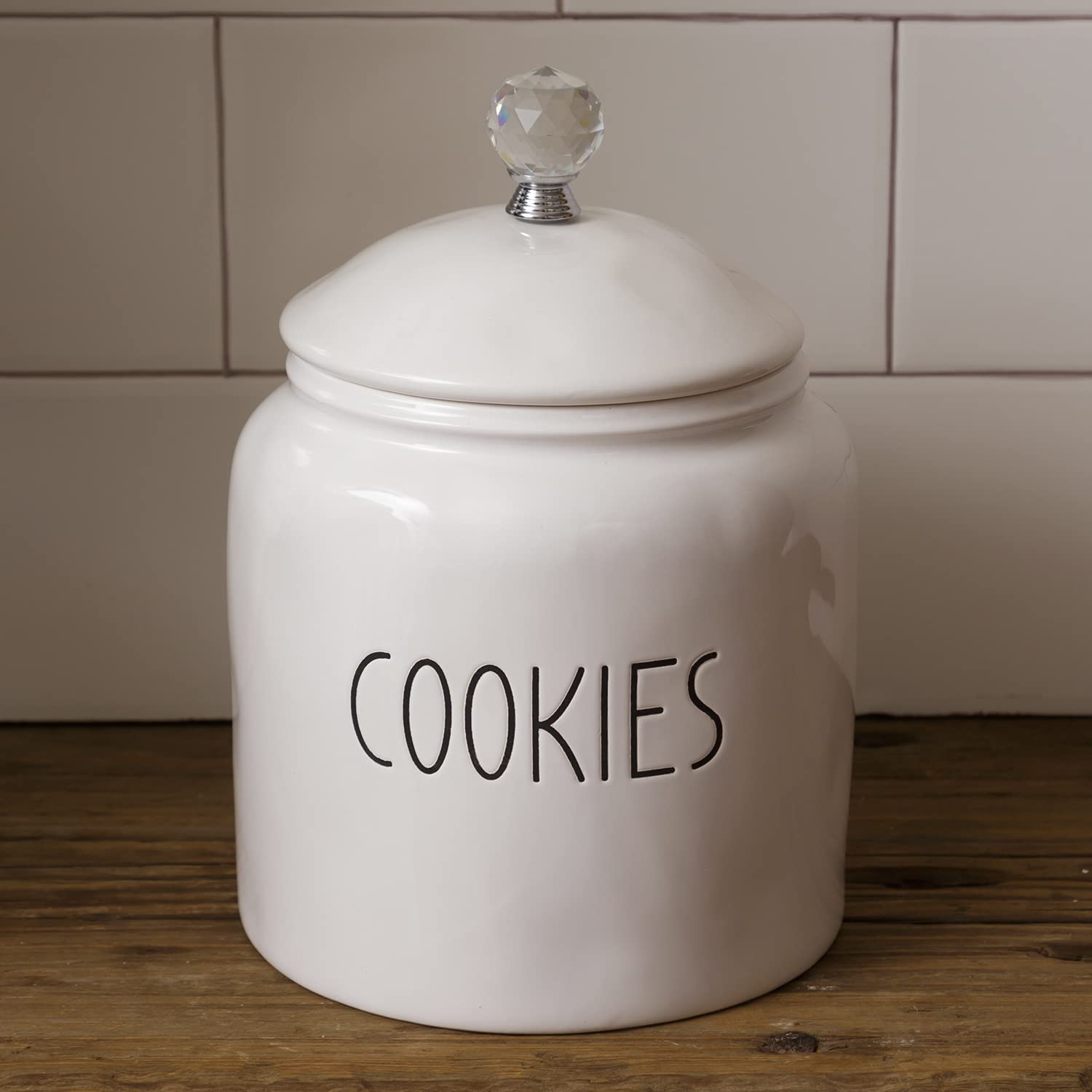 Orchid & Ivy Decorative 9-Inch White Ceramic Cookies Jar Canister with Lid and Crystal Handle - Elegant Modern Kitchen Counter Storage Crock Container - Country Farmhouse Home Decor