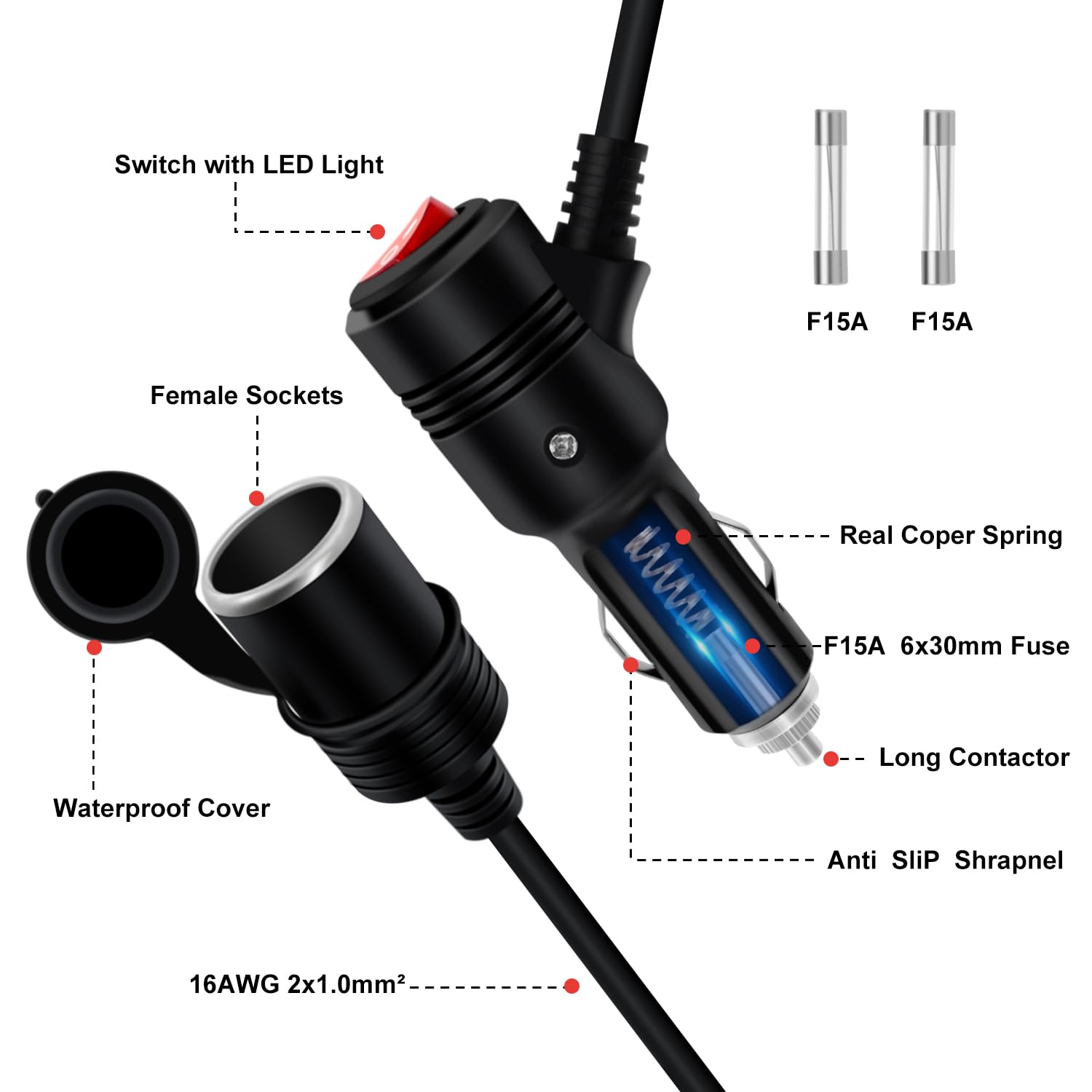 Digit.Tail Auto-sigarettenaansteker verlengkabel [3,6 m, 12-24 V