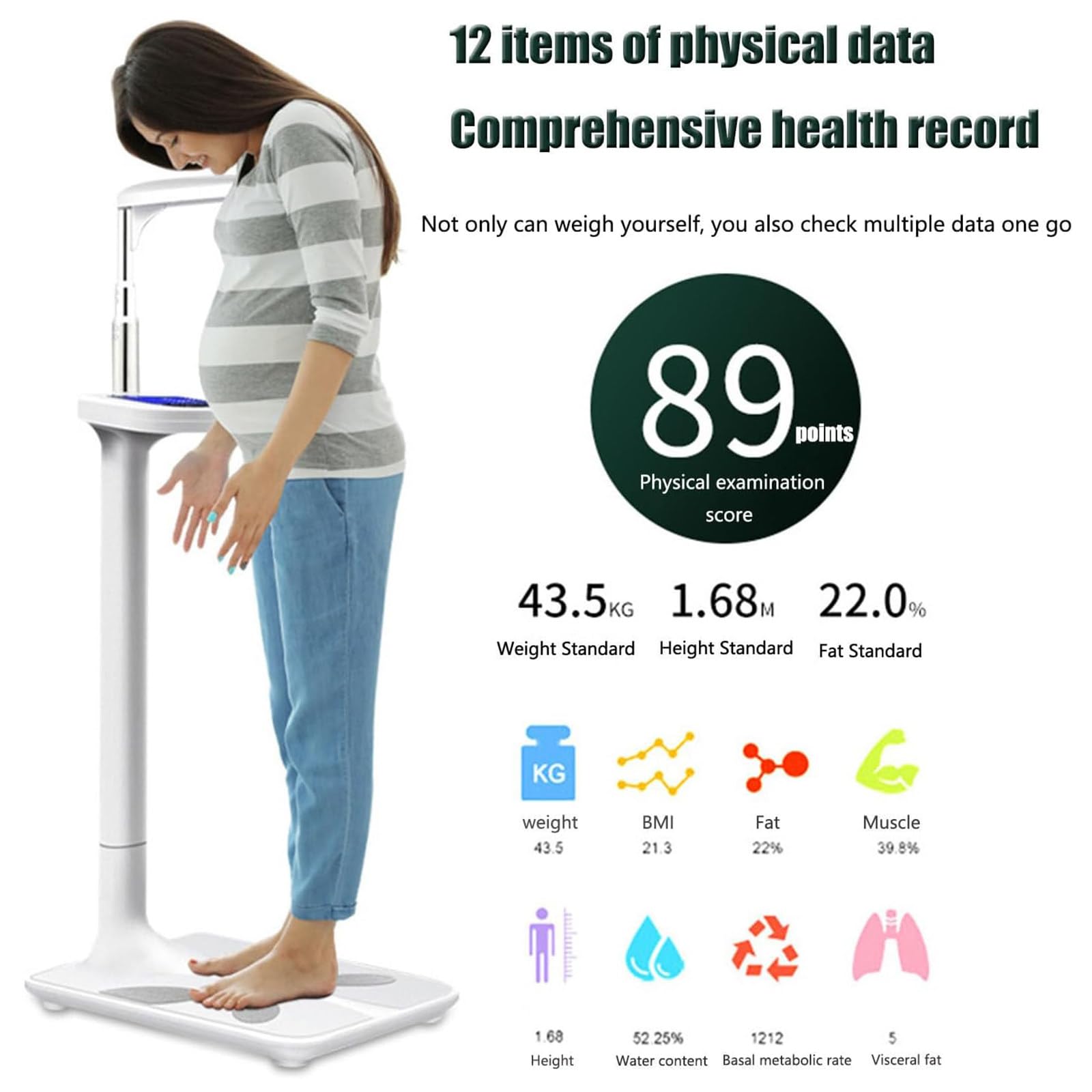 Profesjonalna wielofunkcyjna waga medyczna o pojemności 200 kg (440 funtów) z wyświetlaczem LCD do pomiaru wagi, wzrostu, wskaźnika masy ciała i BMI