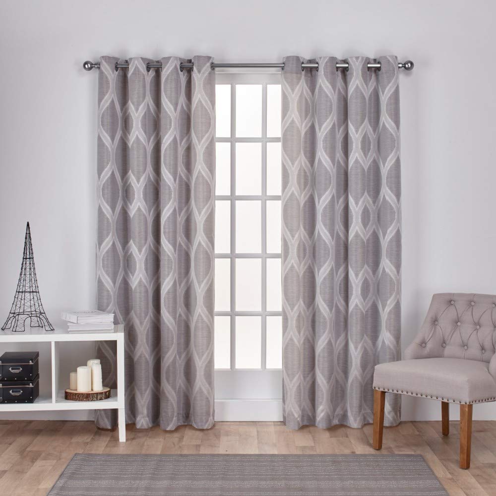 Exclusive Home Montrose Ogee Geometric Textured Linen Grommet Top Curtain Panel Pair, 54"x84", Ash Grey