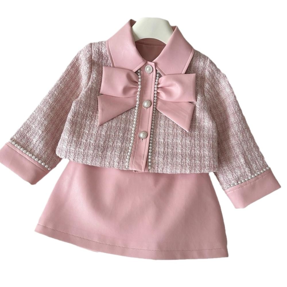 Niñas Primavera Y Otoño Rosa Empalme Elegante Lindo PU Chaqueta Falda Traje Niños Cuadros Arco Abotonado Solapa Manga Larga Blusa Falda