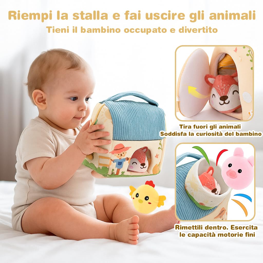 Giochi Bambini 1 Anno, Giochi Montessori 1 Anno, Fattoria Animali Bambini con Fienile/Sonaglio/Specchio, Giochi Neonato 6 9 12 Mesi, Regalo Bambino 1 Anno