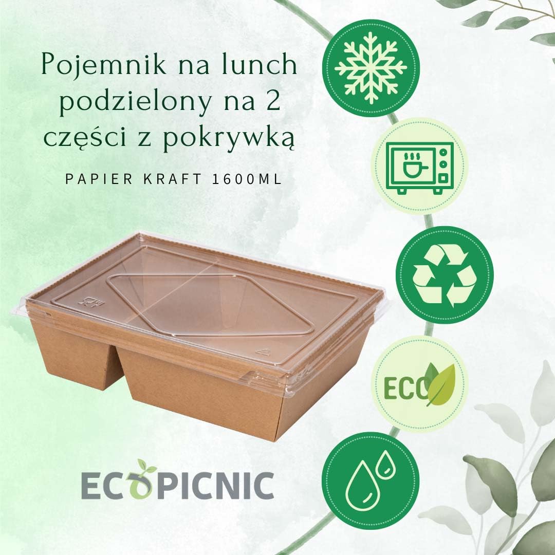 100 sztuk Kraftowych Pudełek Śniadaniowych z Przezroczystym Wieczkiem, 2 Przegródki, 1600 ml | Jednorazowe Pojemniki na Żywność do Sałatek, Kanapek, Deserów, Ekologiczne Opakowanie