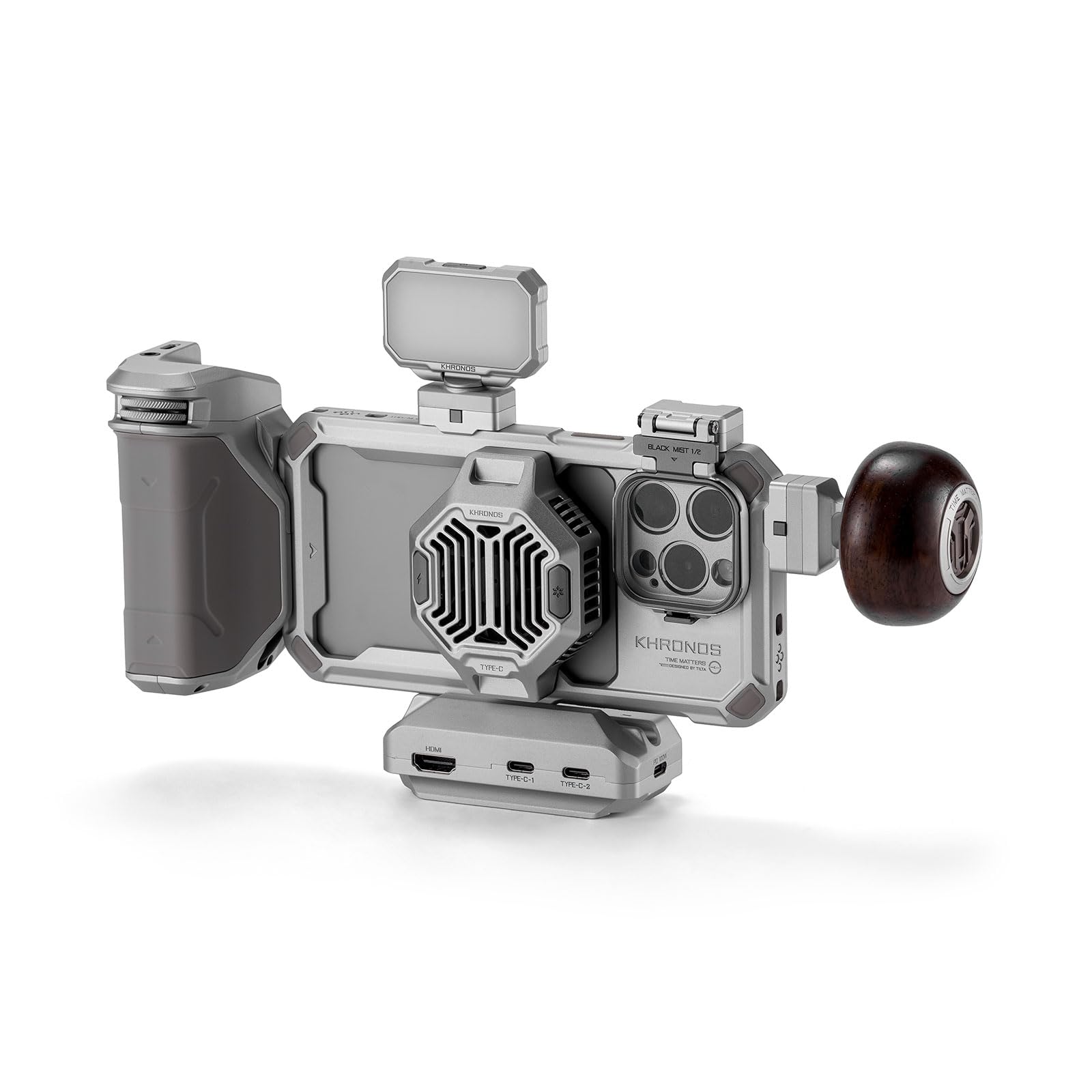 TILTA Khronos Telefoonkooi voor iPhone 15 Pro Max met Koelsysteem, Focus PD Handgreep, Mini LED Paneel, Ronde Houten Handgreep en Magnetisch FSND Filter Ultieme Kit   Space Gray TK IP15 PMD SG