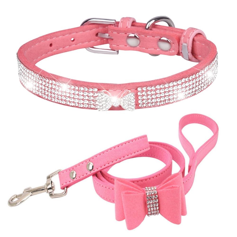Dogs Kingdom Samt-Hundehalsband Mit Kristallbesatz – Für Kleine Hunde & Katzen, Pink, Größe XS (21-27 Cm)