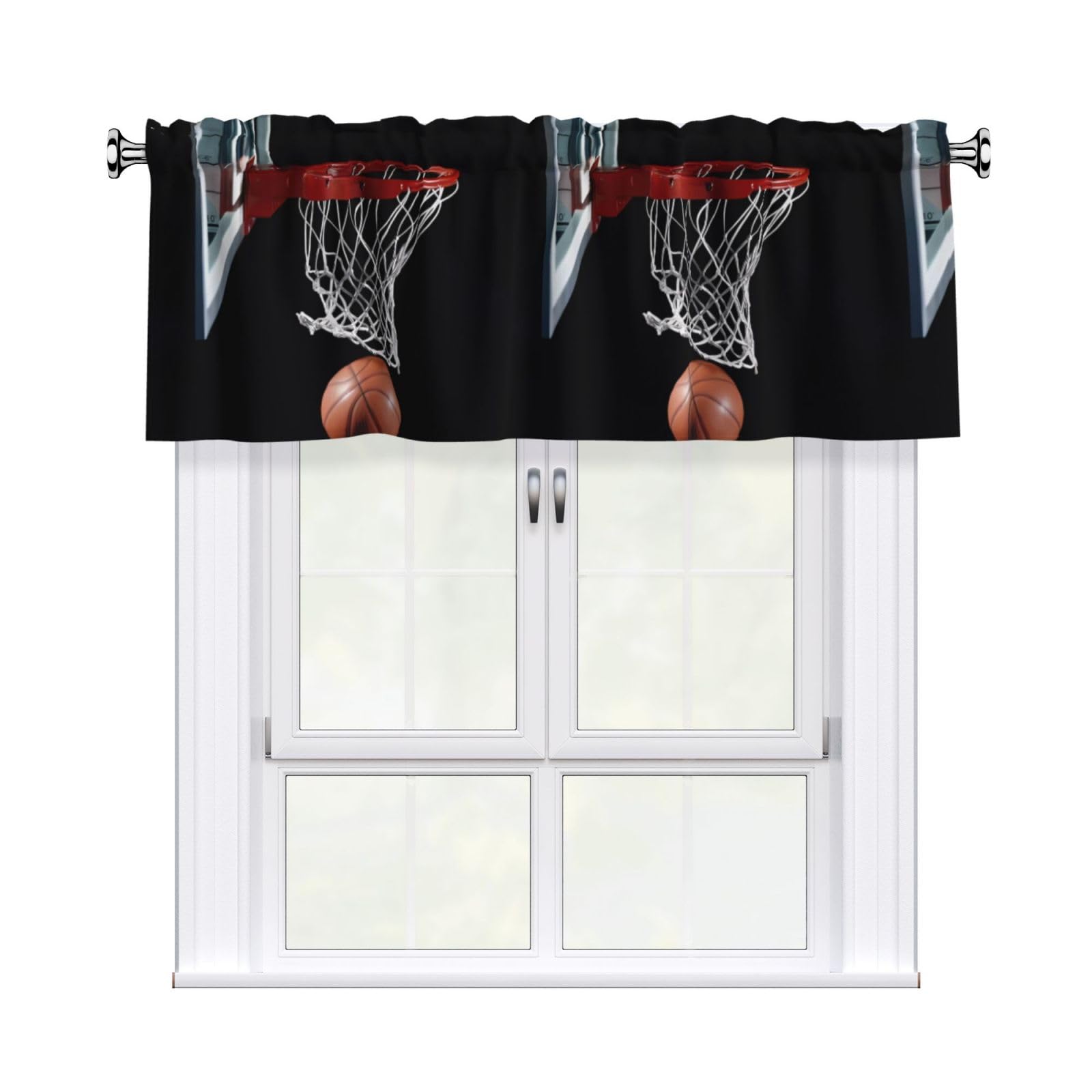HJFCZH Basketball Prints Curtain Valance 54x18in - Peach Skin Kitchen Window Layer, Filtered Light & Quick-Install Rod Pocket Cover