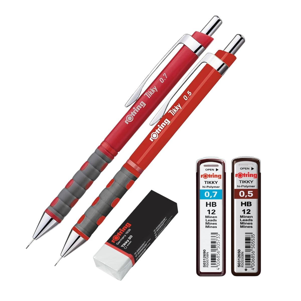 rOtring Tikky Mechanical Pencil Set HB 0.50mm & 0.70mm - Red Barrel - Includes Hi-Polymer HB Lead Refills & Premium Eraser – Precision Drawing & Writing Kit for Students, Artists & Professionals
